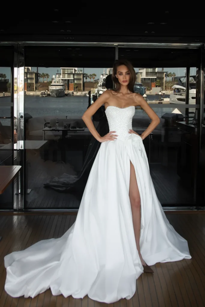 Strapless Beaded Bodice Ball Gown with Draped High Slit and Train