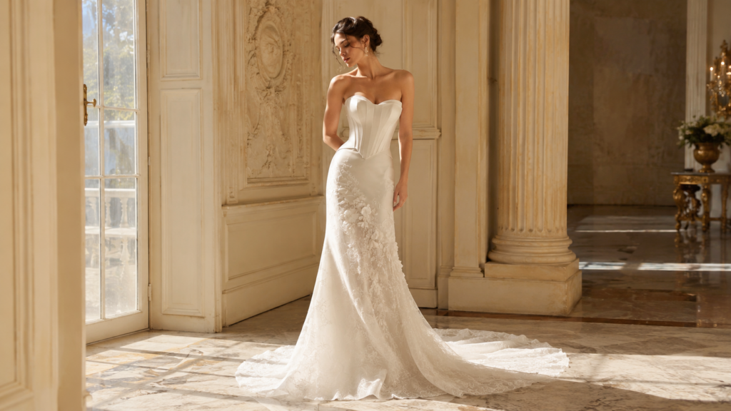 sabella modena collections 2027 column sheath dress with lace and 3d flowers