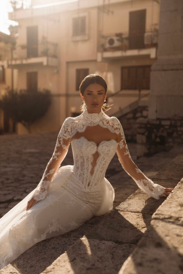 Romantic Fit-And-Flare Lace Wedding Dress with Detachable Overskirt and High-Neck Bolero